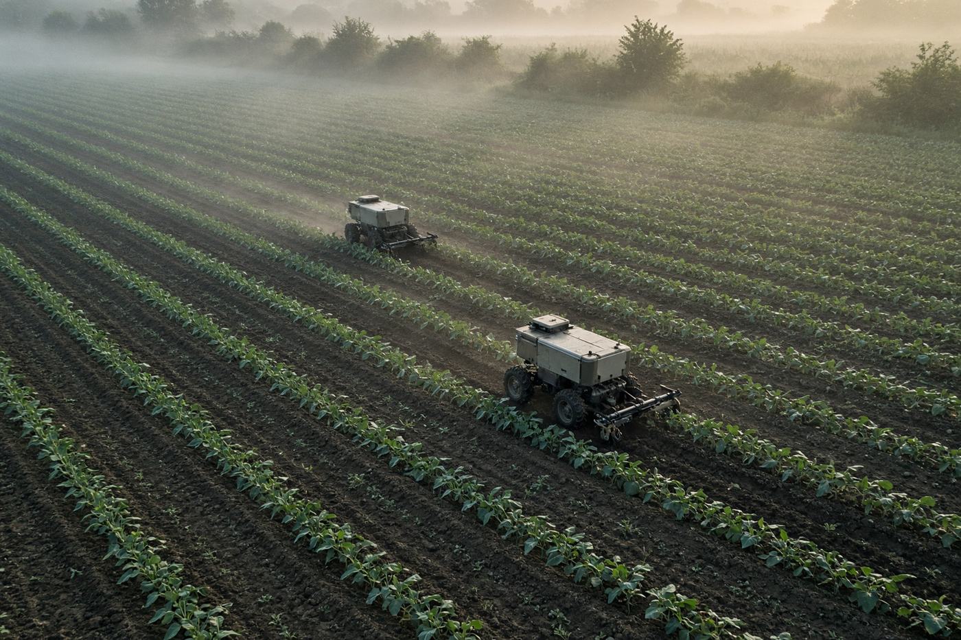 Two compact field robots working precise green crop rows at dawn