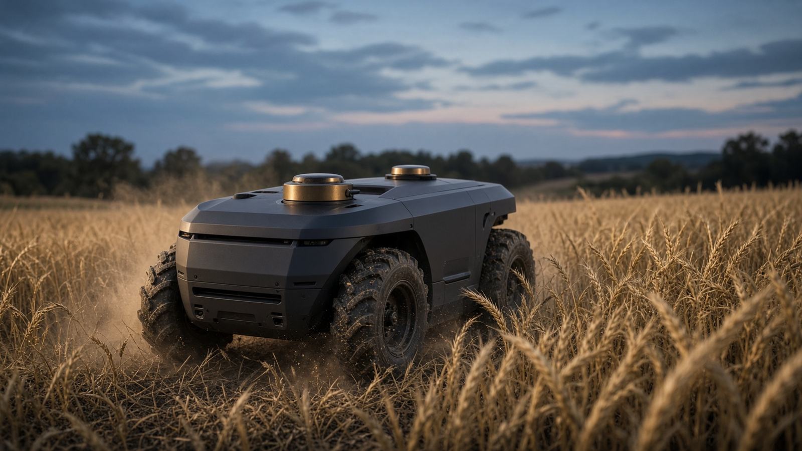 Autonomous agricultural robot moving through ripe wheat at blue hour