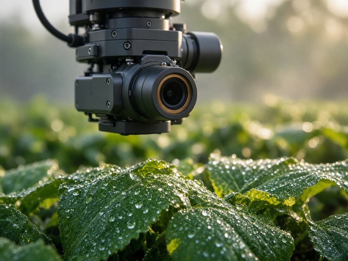 Robotic multispectral sensor head hovering above dew-covered leaves